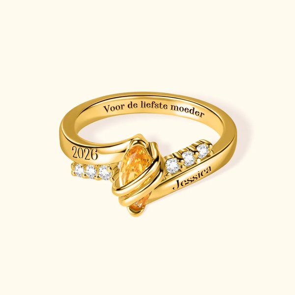 Gepersonaliseerde Ring met Geboortesteen Zirkonia en Gegraveerde Tekst Moederdagcadeau voor Mama