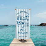 Personalised Champagne Striped Beach Towel with Text Location and Date Summer Vacation Bachelorette Party Birthday Gift for Girls Bridesmaids