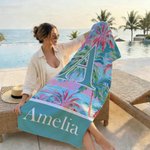 Personalised Coloured Palm Design Quick Dry Oversized Microfiber Beach Towel with Name and Initial Beach Party Birthday Gift for Family Friend