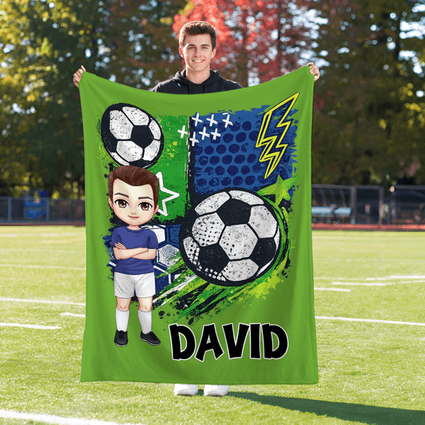 Personnalisé Multicolore Cartoon Character Soccer Soft Throw Blanket with Name Home Decor Team Birthday Gift for Soccer Lovers (Cadeau d'anniversaire pour les amoureux du football)