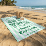 Personalised Champagne Striped Beach Towel with Text Location and Date Summer Vacation Bachelorette Party Birthday Gift for Girls Bridesmaids