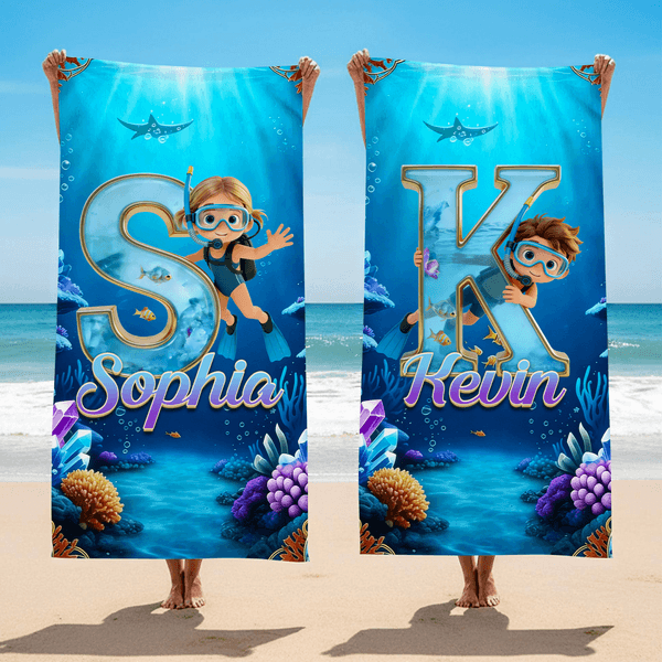 Personalized Cartoon Diving Character Initial Quick Dry Soft Oversized Beach Towel with Name Summer Vacation Beach Pool Party Birthday Gift for Kids