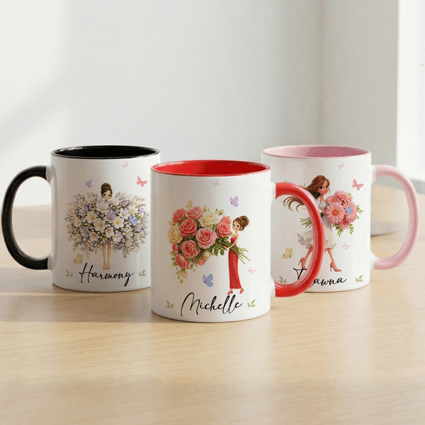 Tasse en céramique 11 oz 15 oz avec nom et sous-verre Cadeau de fête des mères pour maman fille