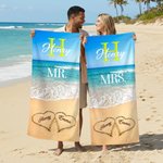 Serviette de plage surdimensionnée à séchage rapide avec initiales du nom, année et texte. Cadeau d'anniversaire pour un couple.