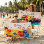 Personalized Watercolor Floral Design Quick Dry Oversized Microfiber Beach Towel with Name Beach Party Holiday Gift for Family Friends
