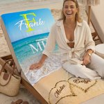 Serviette de plage surdimensionnée à séchage rapide avec initiales du nom, année et texte. Cadeau d'anniversaire pour un couple.