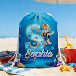 Personalized Cartoon Diving Character Initial Drawstring Bag with Name Outdoor Activities Beach Party Birthday Gift for Kids Family