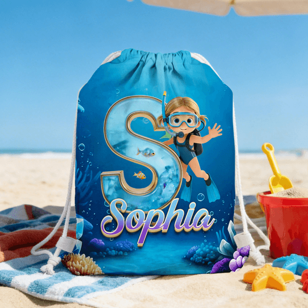 Personalized Cartoon Diving Character Initial Drawstring Bag with Name Outdoor Activities Beach Party Birthday Gift for Kids Family