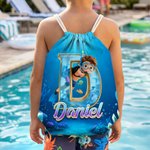 Personalized Cartoon Diving Character Initial Drawstring Bag with Name Outdoor Activities Beach Party Birthday Gift for Kids Family