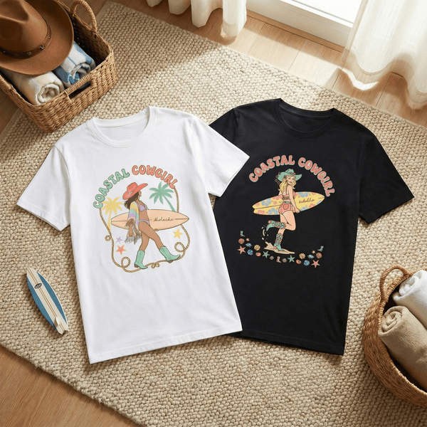 Personalized Multicolor Bohemian Style Surfboard Cowgirl 100% Cotton T-shirt with Name Beach Party Birthday Holiday Gift for Women Girls