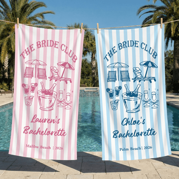 Personalised Champagne Striped Beach Towel with Text Location and Date Summer Vacation Bachelorette Party Birthday Gift for Girls Bridesmaids