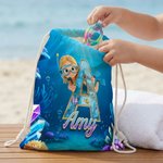Personalized Cartoon Diving Character Initial Drawstring Bag with Name Outdoor Activities Beach Party Birthday Gift for Kids Family