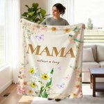 Personalized Watercolor Birth Flower Soft Throw Blanket with Name Home Decor Birthday Gift for Mom Grandmother