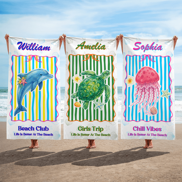 Personalised Watercolor Ocean Animal Oversized Quick Dry Beach Towel with Name and Text Summer Vacation Accessory Birthday Gift for Kids Friends Women