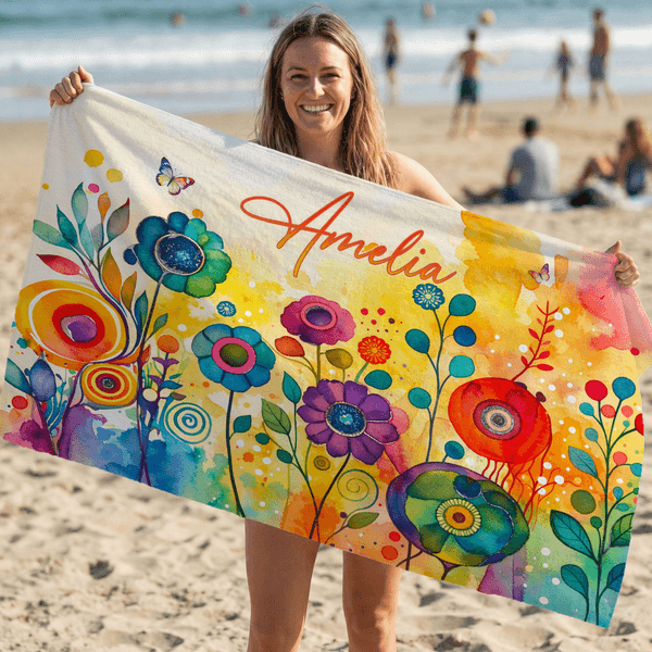 Personalized Watercolor Floral Design Quick Dry Oversized Microfiber Beach Towel with Name Beach Party Holiday Gift for Family Friends
