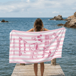 Personalised Champagne Striped Beach Towel with Text Location and Date Summer Vacation Bachelorette Party Birthday Gift for Girls Bridesmaids