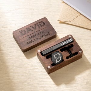 Personalizado grabado clip de corbata y gemelos conjunto con caja de madera Boda Cumpleaños Regalo para Hombres Groommen