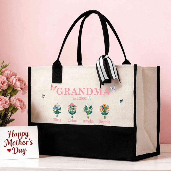 Personalized 1-8 Birth Flowers Butterfly Large Tote Bag with Names and Year Travel Accessories Mother's Day Birthday Gift for Mom Grandma