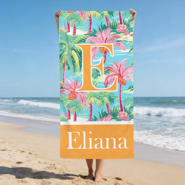 Personlig färgad palmdesign snabbtorkande överdimensionerad mikrofiber strandhandduk med namn och initialer strandfest födelsedagspresent för familj vän