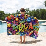 Gepersonaliseerde Graffiti Design met Muziek Sport Sterren Sneldrogend Extra Groot Microfiber Strandlaken met Naam Verjaardagscadeau voor Kind Familie