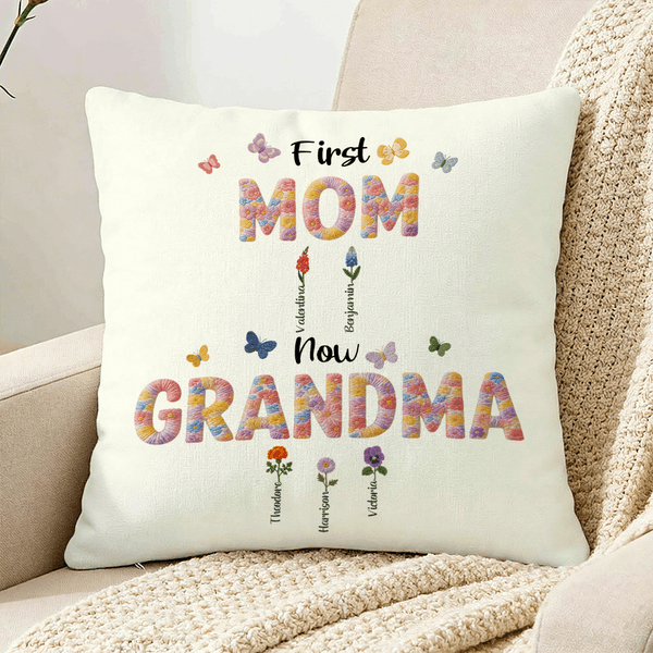 Personalized Faux Yarn Effect Birth Flower First Mom Now Grandma Soft Throw Pillow Cover with Names Mother's Day Gift for Mom Grandma