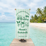 Personalised Champagne Striped Beach Towel with Text Location and Date Summer Vacation Bachelorette Party Birthday Gift for Girls Bridesmaids