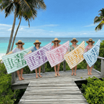 Personalised Champagne Striped Beach Towel with Text Location and Date Summer Vacation Bachelorette Party Birthday Gift for Girls Bridesmaids