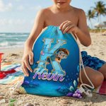 Personalized Cartoon Diving Character Initial Drawstring Bag with Name Outdoor Activities Beach Party Birthday Gift for Kids Family