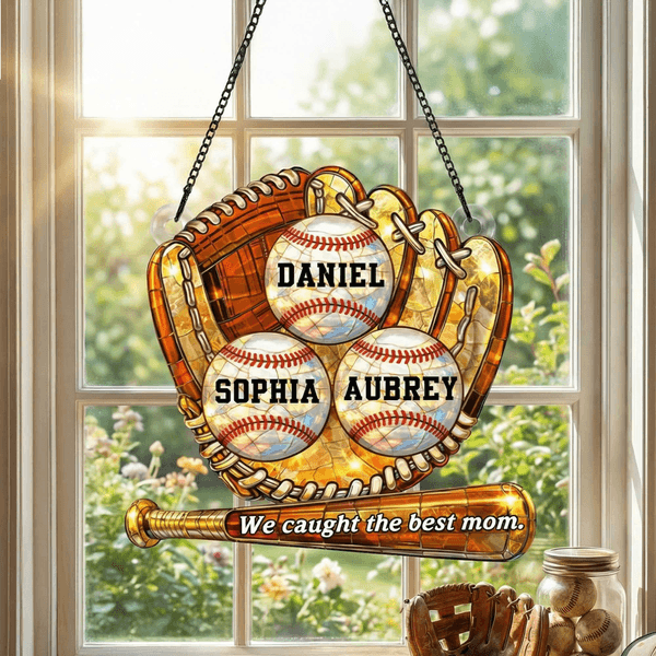 Personalised Baseball Glove Design Acrylic Hanging Ornament with 1-8 Names and Text Home Decor Mother's Day Birthday Gift for Mom Baseball Fan