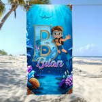 Personalized Cartoon Diving Character Initial Quick Dry Soft Oversized Beach Towel with Name Summer Vacation Beach Pool Party Birthday Gift for Kids