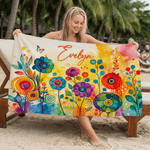 Personalized Watercolor Floral Design Quick Dry Oversized Microfiber Beach Towel with Name Beach Party Holiday Gift for Family Friends