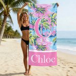 Personalised Coloured Palm Design Quick Dry Oversized Microfiber Beach Towel with Name and Initial Beach Party Birthday Gift for Family Friend