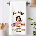 Personalizzato Baking Because Cooking Is Love Asciugamano da tè in cialda con nome Uso quotidiano Regalo di compleanno per lei