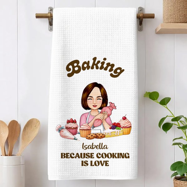 Personalizzato Baking Because Cooking Is Love Asciugamano da tè in cialda con nome Uso quotidiano Regalo di compleanno per lei