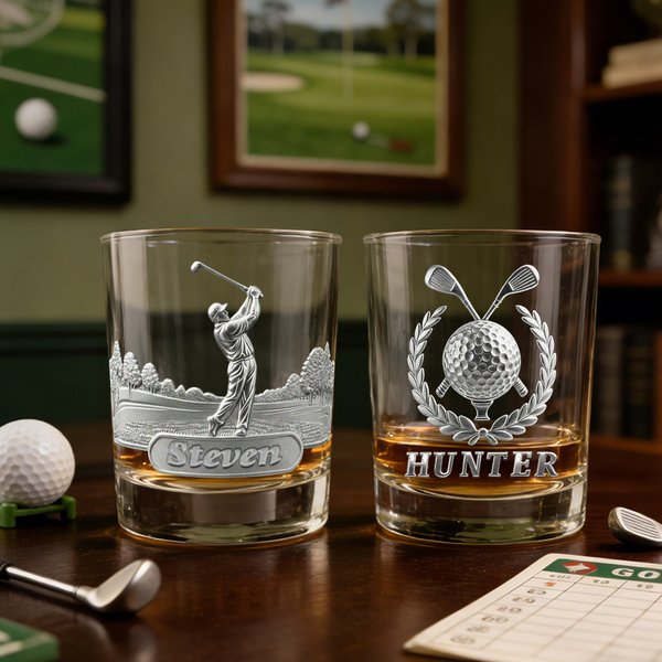 Personalised 2D Metallic Style Print Golf Theme Whiskey Glass with Name Golf Club Birthday Father's Day Gift for Golf Lovers