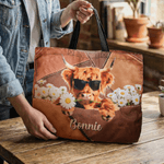 Personalized Highland Cow Birth Flower Large Capacity Tote Bag with Name Daily Use Birthday Gift for Highland Cow Lovers Cowgirls