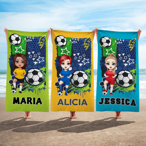 Toalla de playa de gran tamaño y secado rápido personalizada con el nombre de un personaje de fútbol de dibujos animados Regalo de cumpleaños para los amantes del fútbol