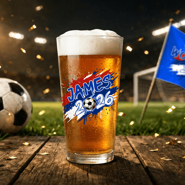 Personalized Colorful Splash Ink 2026 Soccer 16 oz Beer Glass with Name and Year Game Day Birthday Gift for Soccer Players Lovers