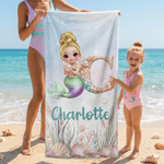 Personalized Cartoon Mermaid Character Initial Quick Dry Beach Towel with Name Outdoor Activities Beach Party Birthday Gift for Girls Besties Family