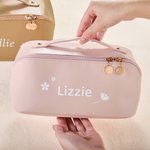 Personalised Name Flower Multi-Compartment PU Leather Makeup Bag with Name Travel Essentials Birthday Gift for Sisters Friends