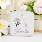 Personalised Mother of Pearl Effect Birth Flower PU Leather Jewellery Box with Name Mother's Day Birthday Wedding Gift for Mom Bridesmaid Woman