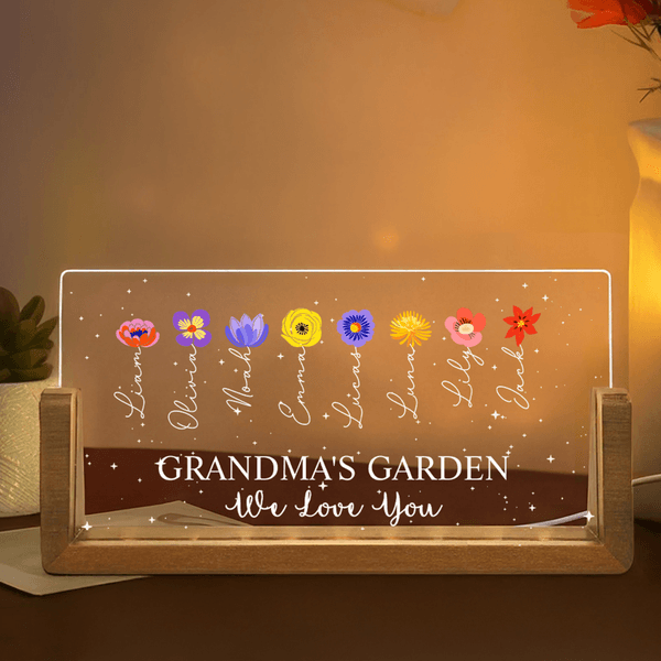 Personalized Birth Flower Rectanglar Acrylic LED Night Light with 1-12 Names Title Text and Wooden Base Mother's Day Gift for Mom Grandma