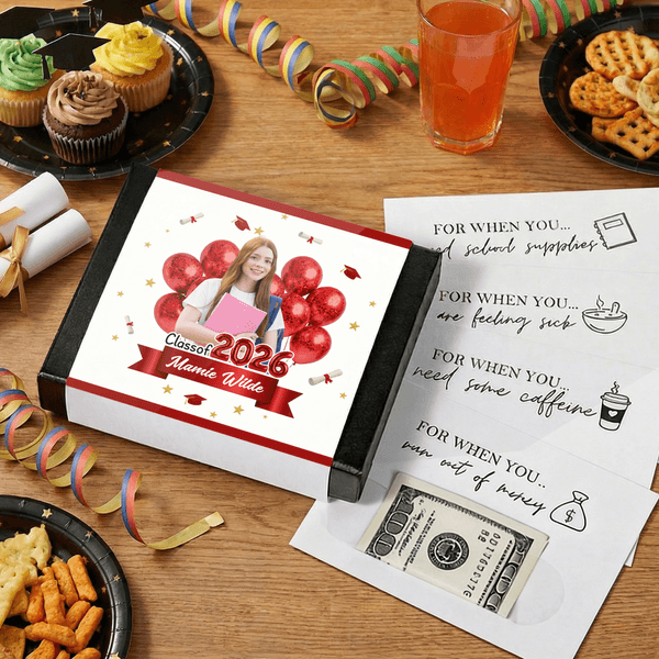 Personalized Class of 2026 Balloon Photo Cash Gift Card Survival Box College Care Package with 20 Cards High School Graduation Gift for Students