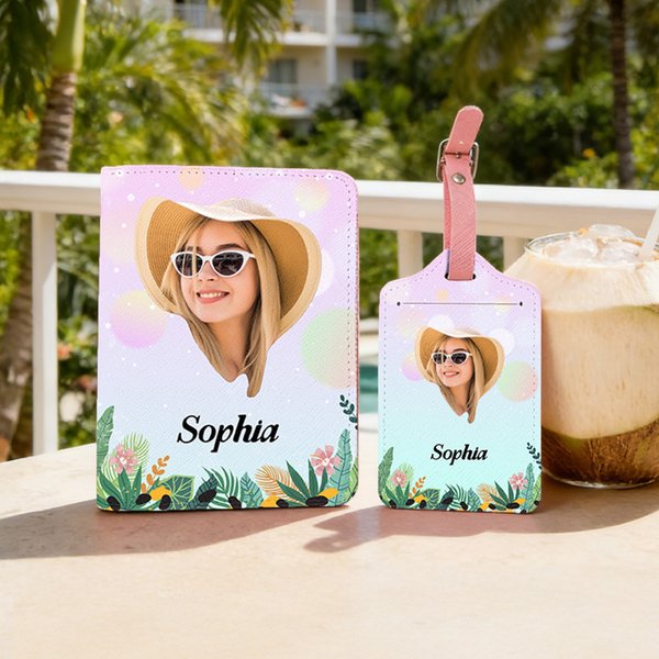Personalised Face Photo Floral PU Leather Luggage Tag Passport Holder with Name Daily Use Birthday Travel Gift for Travel Lovers Friends Besties