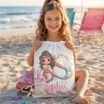 Personnalisé Cartoon Mermaid Character Initial Drawstring Bag with Name Outdoor Activities Beach Party Birthday Gift for Girls Besties Family
