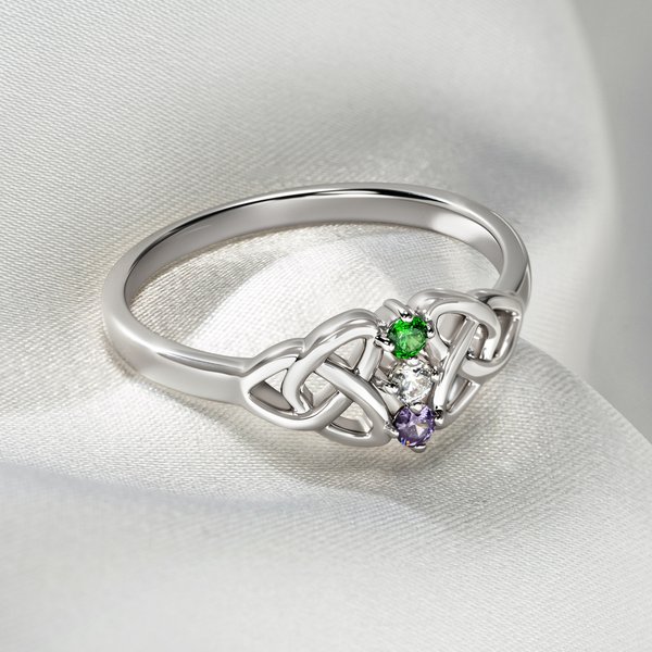 Personalised Celtic Knot Birthstone Sterling Silver Ring with Engraved Text Birthday Anniversary Mother's Day Gift for Women