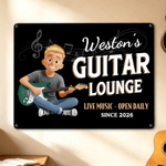 Personalizzato Chitarra Personaggio dei cartoni animati Pittura di latta con nome Home Decor Regalo di compleanno per l'amante della chitarra