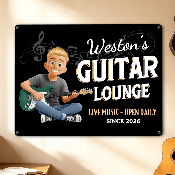 Personalizzato Chitarra Personaggio dei cartoni animati Pittura di latta con nome Home Decor Regalo di compleanno per l'amante della chitarra