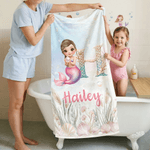 Personalized Cartoon Mermaid Character Initial Quick Dry Beach Towel with Name Outdoor Activities Beach Party Birthday Gift for Girls Besties Family