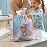 Personalised Cute Cartoon Mermaid Drawstring Bag with Name Summer Vacation Birthday Gift for Girls